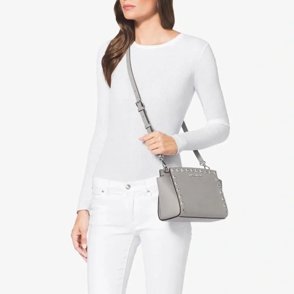 MICHAEL KORS Gray Selma Stud Saffiano Leather Bag
